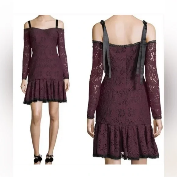 NWT Alexis Sophie Burgundy Lace Off Shoulder Tie Shoulder Dress. Small - Picture 3 of 14